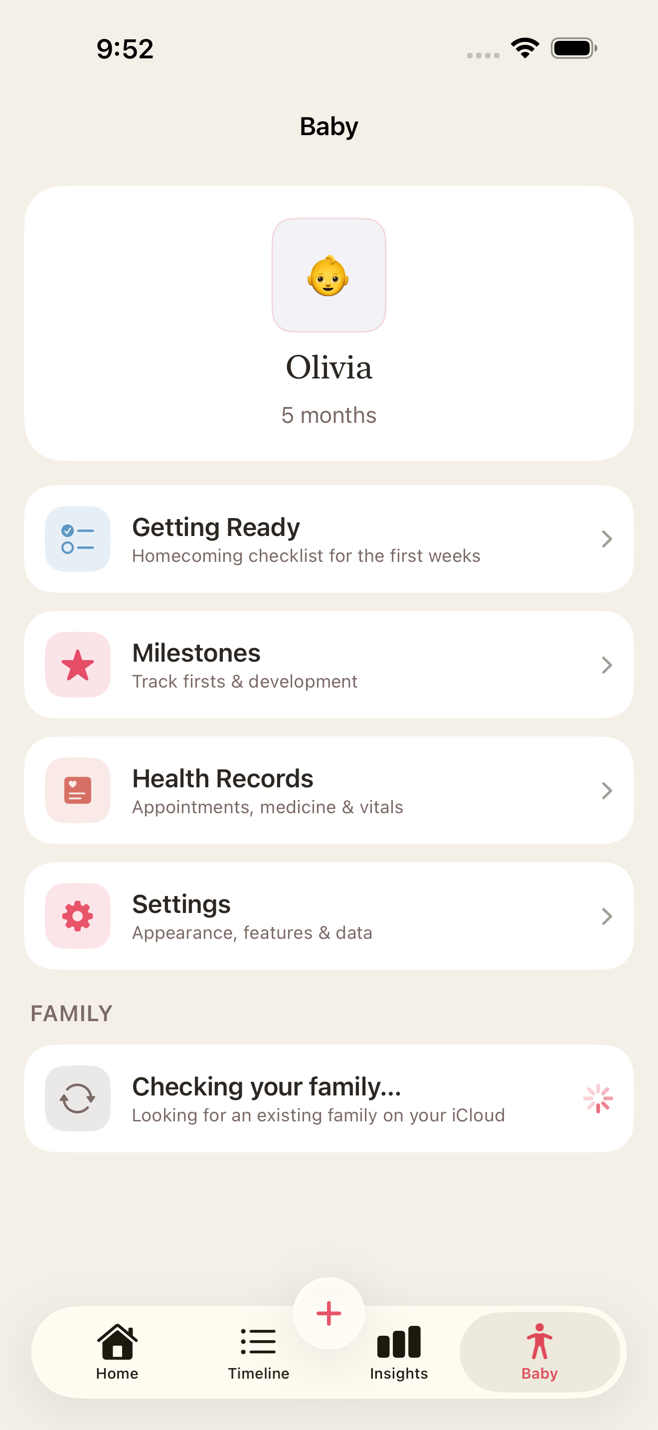 Beyvo baby hub with the child's profile and shortcuts to milestones, health records, and settings