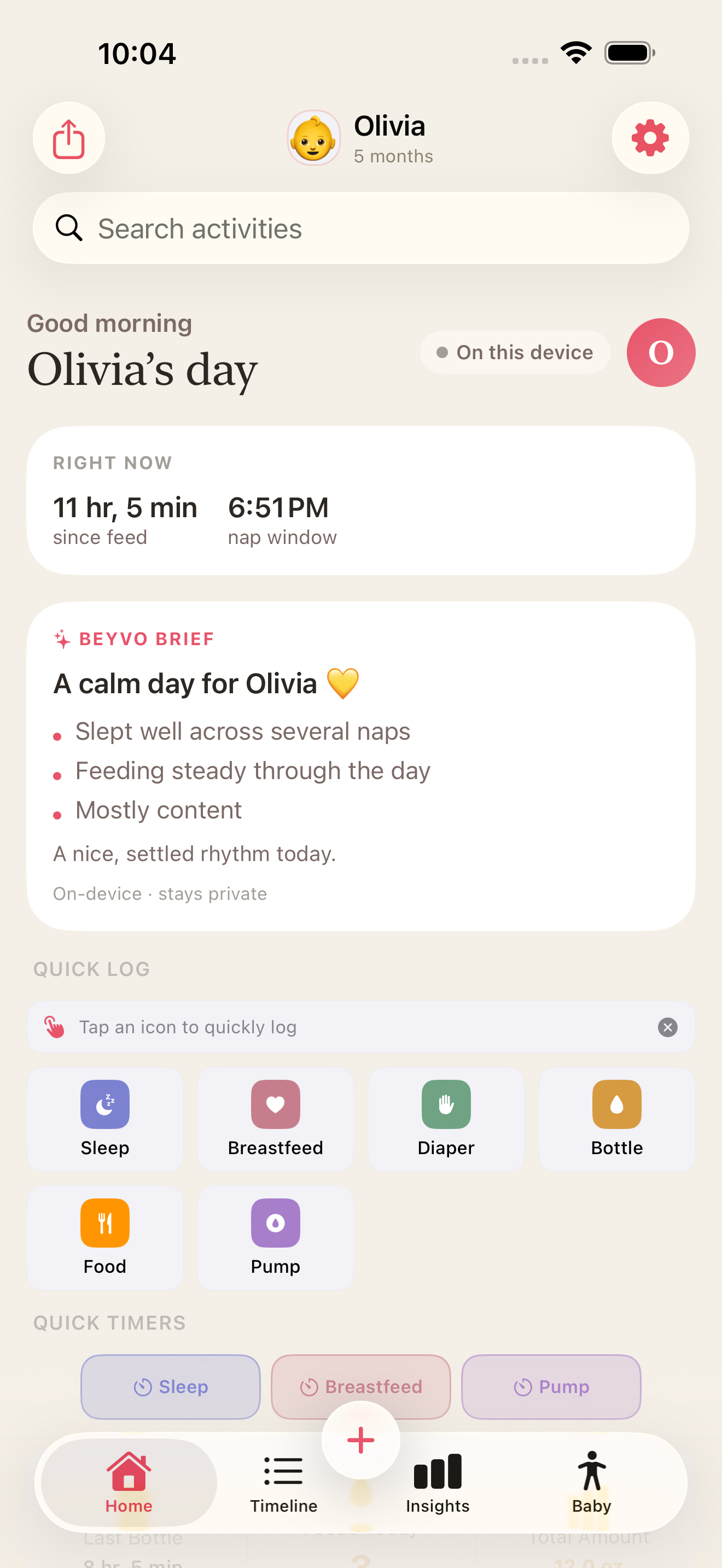 Beyvo Brief: an on-device daily recap of the baby's day with a warm headline and highlights for sleep, feeding, and mood