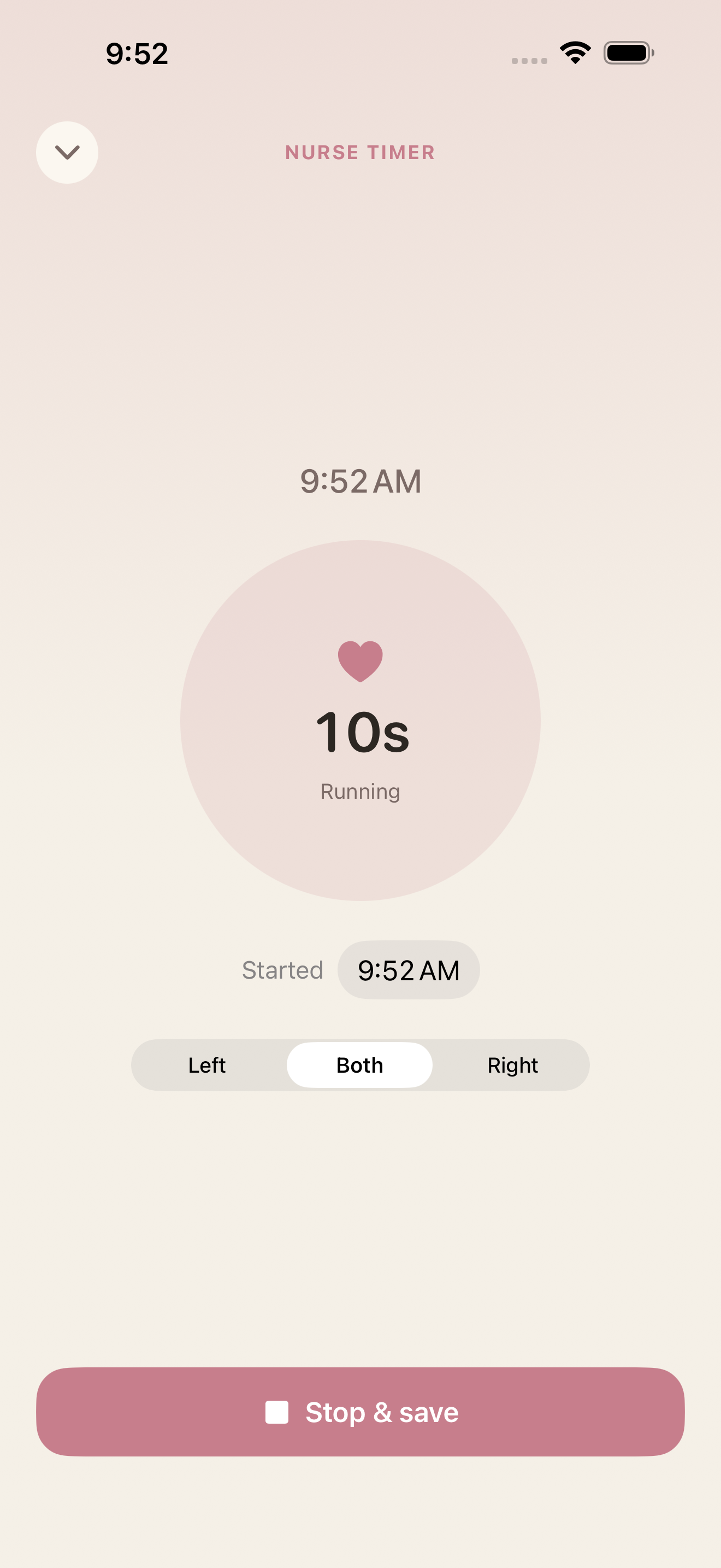 Beyvo live nursing timer counting elapsed time with a left, both, and right side selector and a stop-and-save button