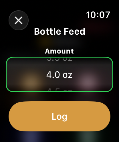 Beyvo on Apple Watch logging a bottle feed with an amount picker set to 4.0 oz and a Log button