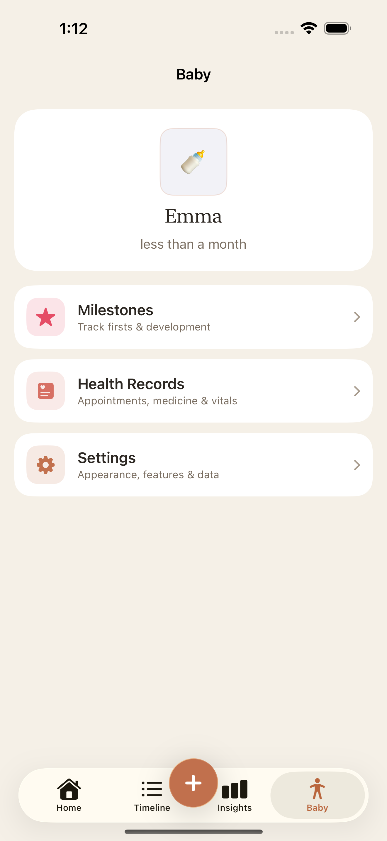 Beyvo baby hub with the child's profile and shortcuts to milestones, health records, and settings