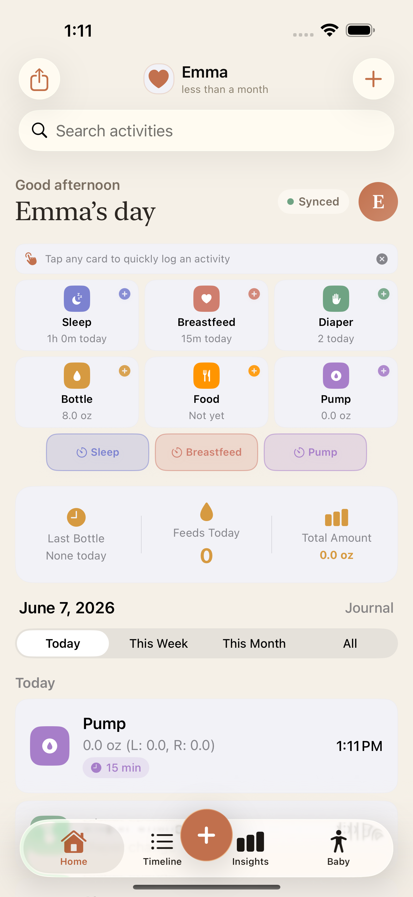 Beyvo home screen showing Emma's day with quick-log cards for sleep, breastfeeding, diapers, bottles, food, and pumping