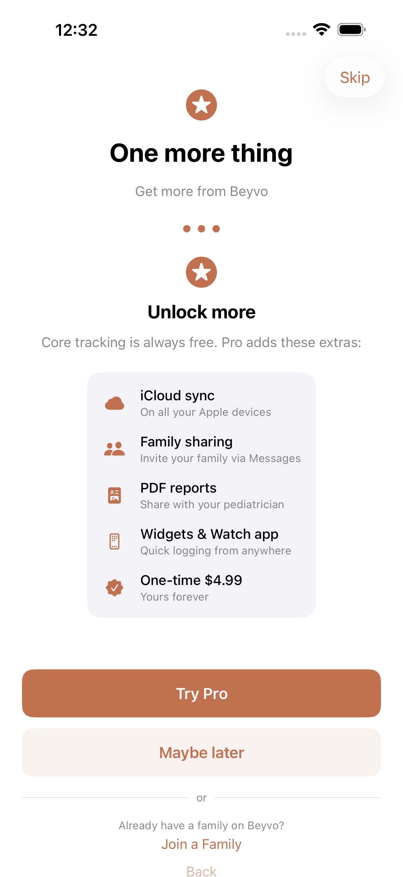 Beyvo Pro upgrade screen offering iCloud sync, family sharing, PDF reports, and the Watch app as a one-time purchase
