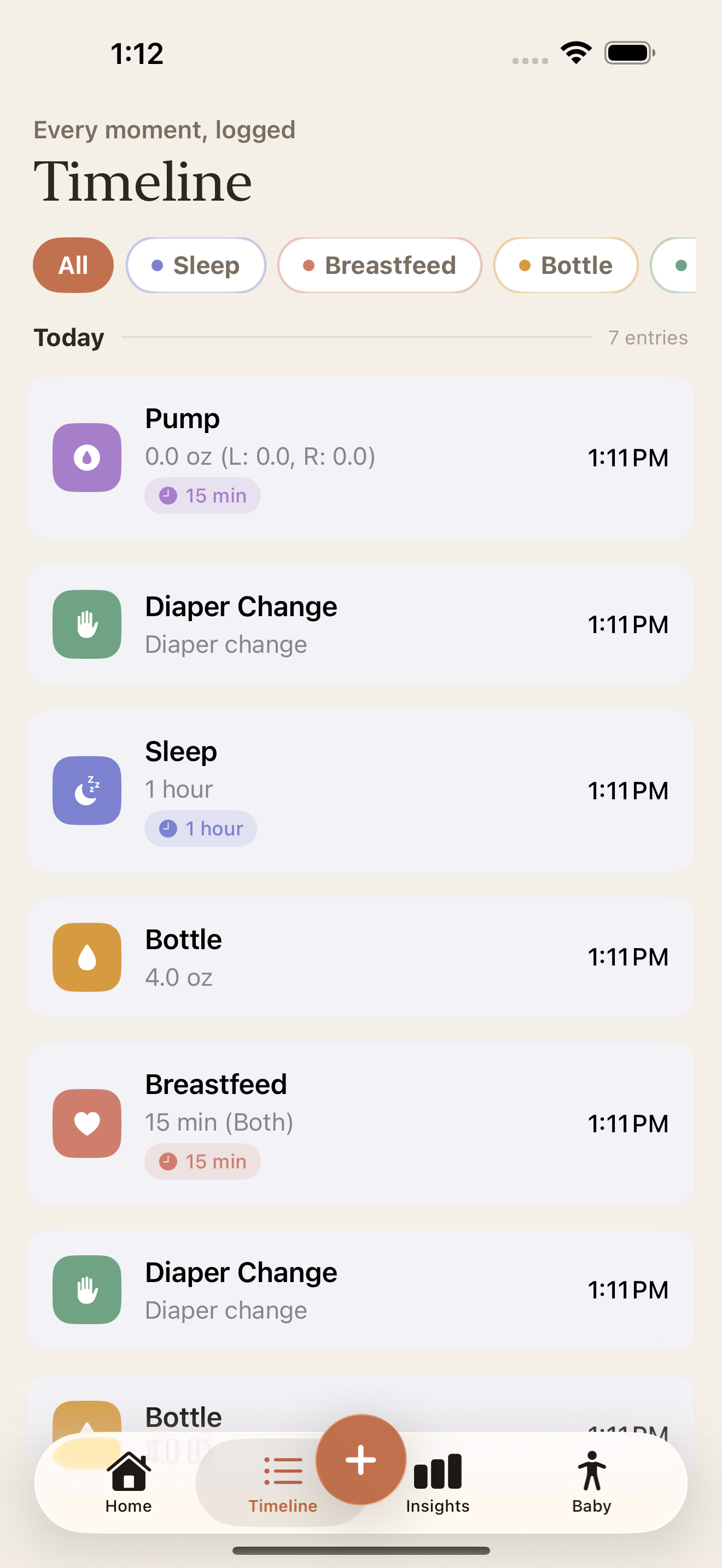 Beyvo timeline showing a chronological feed of logged activities with filters by type